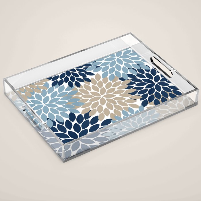 Navy Blue Tan Beige Flower Burst, Flower Petals, Floral Pattern Acrylic Tray Gallery Image 1