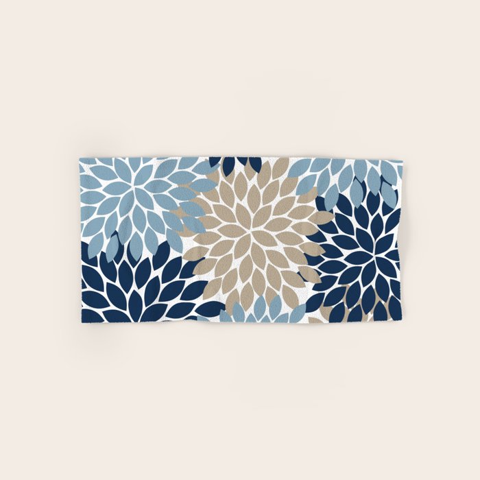 Navy Blue Tan Beige Flower Burst, Flower Petals, Floral Pattern Bath Towel Gallery Image 1