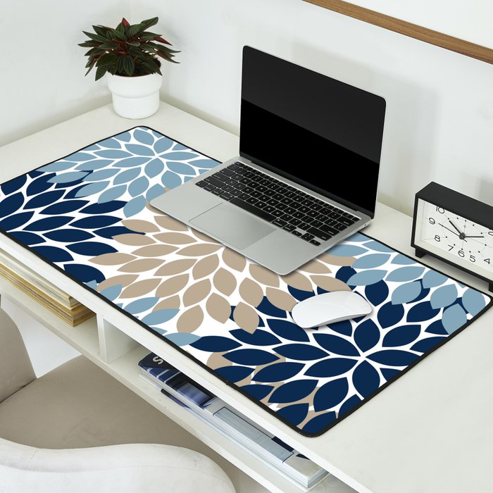 Navy Blue Tan Beige Flower Burst, Flower Petals, Floral Pattern Desk Mat Gallery Image 2