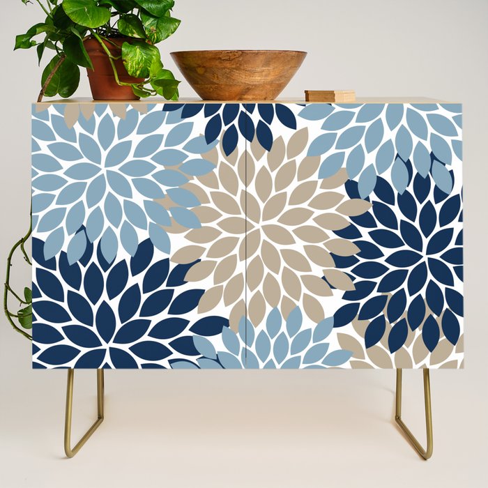 Navy Blue Tan Beige Flower Burst, Flower Petals, Floral Pattern Credenza Gallery Image 1