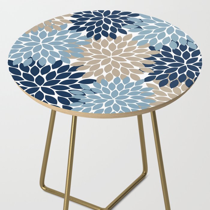 Navy Blue Tan Beige Flower Burst, Flower Petals, Floral Pattern Side Table Gallery Image 2