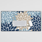 Navy Blue Tan Beige Flower Burst, Flower Petals, Floral Pattern Desk Mat Gallery Image 1