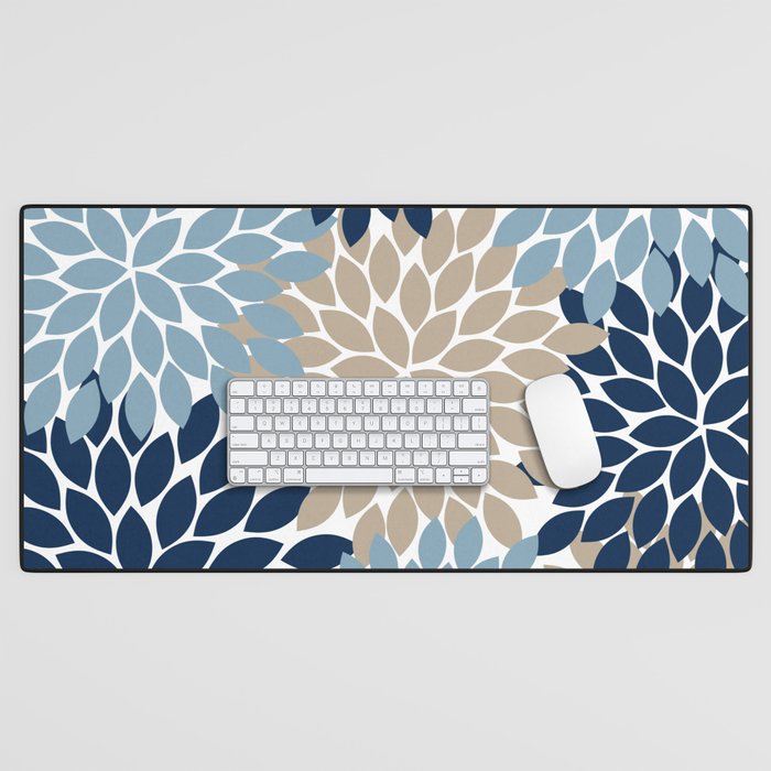 Navy Blue Tan Beige Flower Burst, Flower Petals, Floral Pattern Desk Mat Gallery Image 1
