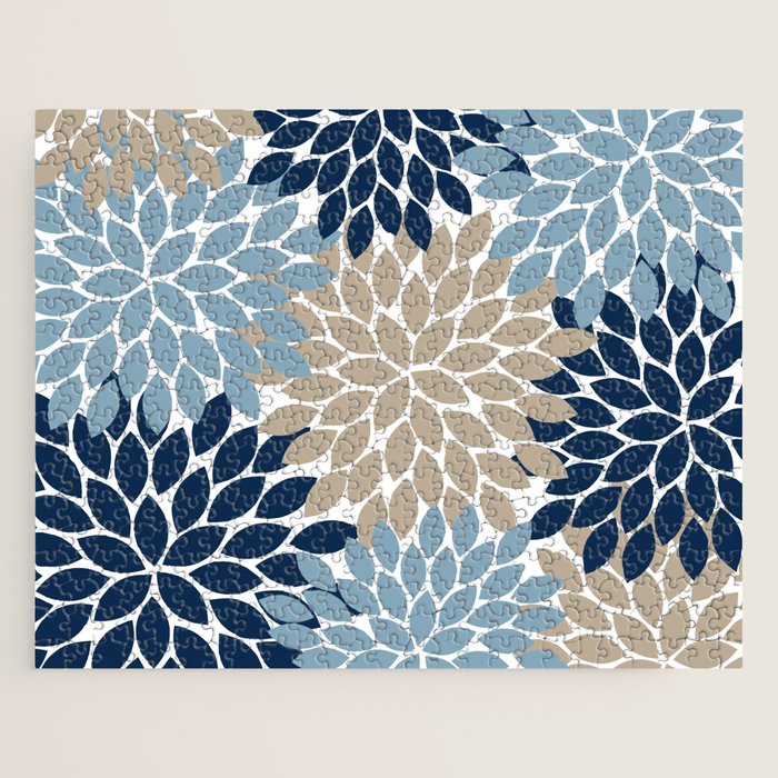 Navy Blue Tan Beige Flower Burst, Flower Petals, Floral Pattern Jigsaw Puzzle Gallery Image 1