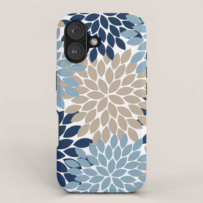 Navy Blue Tan Beige Flower Burst, Flower Petals, Floral Pattern iPhone Case Gallery Image 1