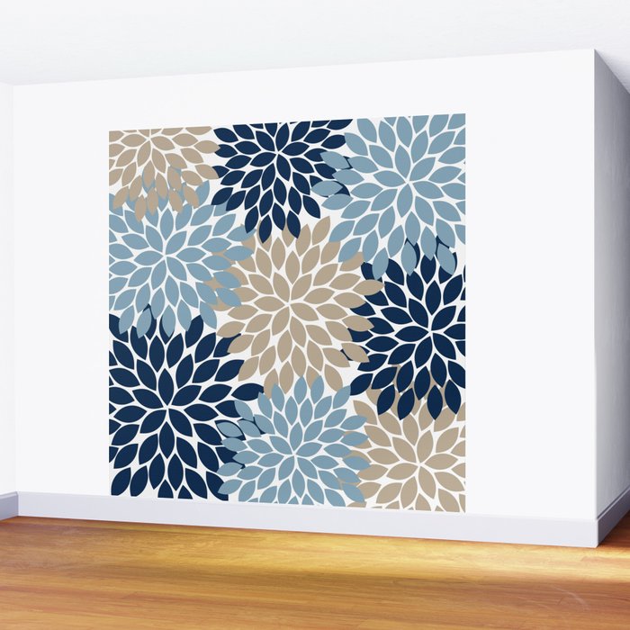 Navy Blue Tan Beige Flower Burst, Flower Petals, Floral Pattern Wall Mural Gallery Image 2