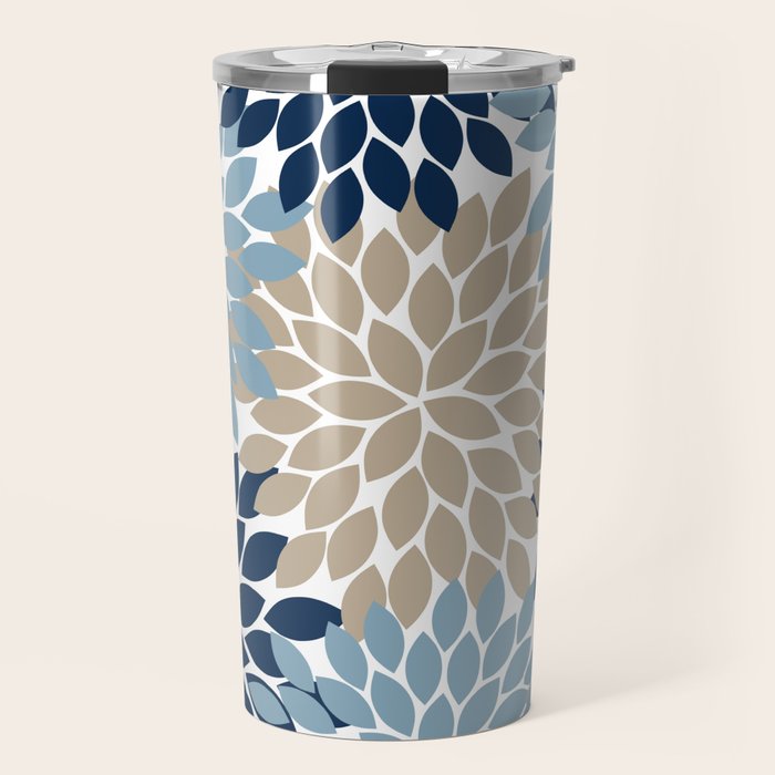 Navy Blue Tan Beige Flower Burst, Flower Petals, Floral Pattern Travel Mug Gallery Image 1