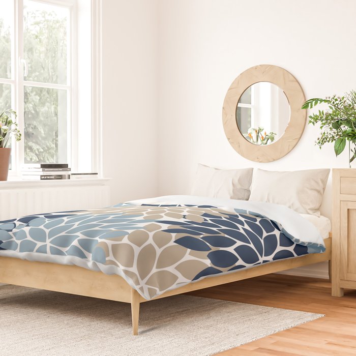 Navy Blue Tan Beige Flower Burst, Flower Petals, Floral Pattern Duvet Cover Gallery Image 2