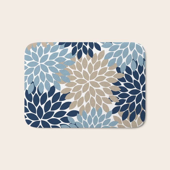 Navy Blue Tan Beige Flower Burst, Flower Petals, Floral Pattern Bath Mat Gallery Image 1