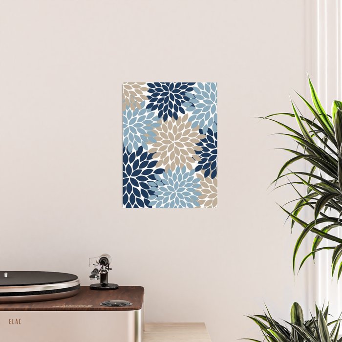 Navy Blue Tan Beige Flower Burst, Flower Petals, Floral Pattern Poster Gallery Image 2