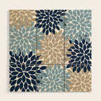 Navy Blue Tan Beige Flower Burst, Flower Petals, Floral Pattern Wood Wall Art Gallery Image 1
