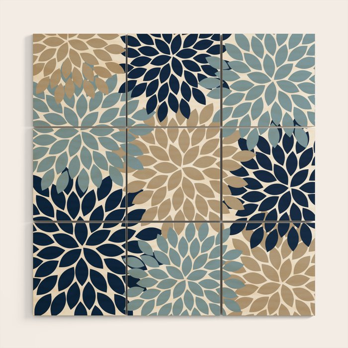 Navy Blue Tan Beige Flower Burst, Flower Petals, Floral Pattern Wood Wall Art Gallery Image 1