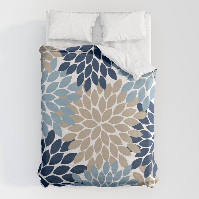 Navy Blue Tan Beige Flower Burst, Flower Petals, Floral Pattern Duvet Cover Gallery Image 6