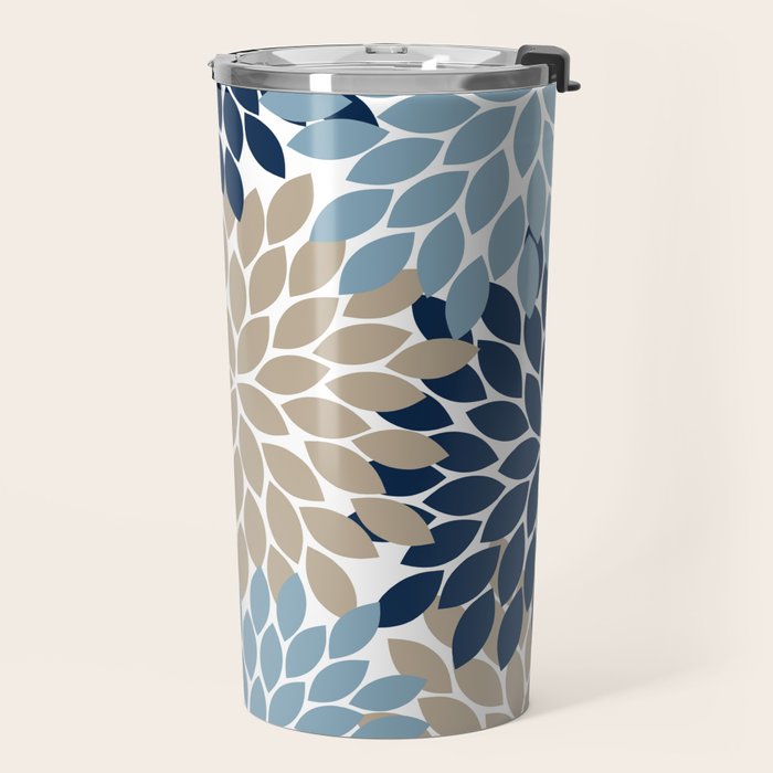 Navy Blue Tan Beige Flower Burst, Flower Petals, Floral Pattern Travel Mug Gallery Image 2