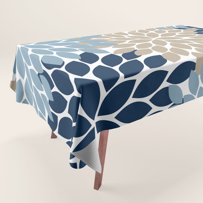 Navy Blue Tan Beige Flower Burst, Flower Petals, Floral Pattern Tablecloth Gallery Image 1