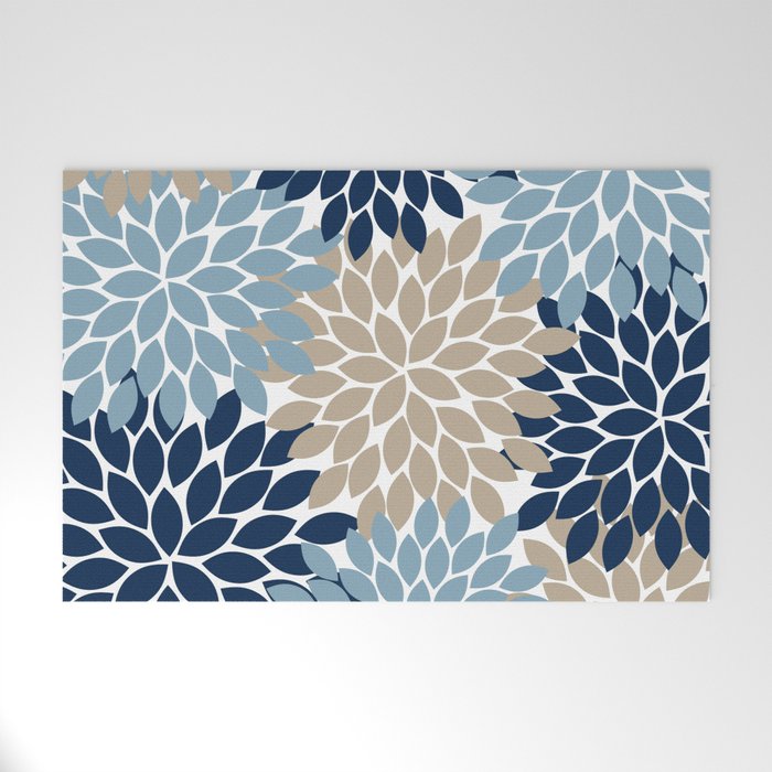 Navy Blue Tan Beige Flower Burst, Flower Petals, Floral Pattern Welcome Mat Gallery Image 1