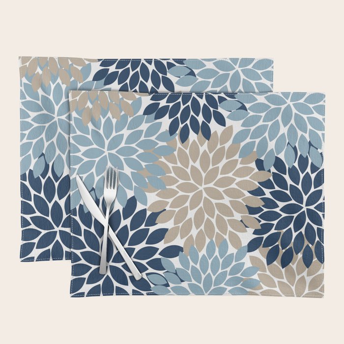 Navy Blue Tan Beige Flower Burst, Flower Petals, Floral Pattern Placemat Gallery Image 1