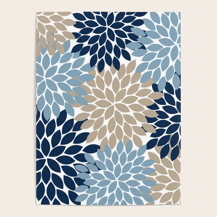 Navy Blue Tan Beige Flower Burst, Flower Petals, Floral Pattern Poster Gallery Image 1