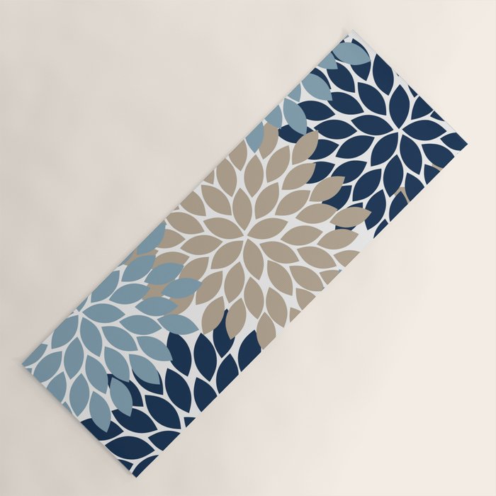 Navy Blue Tan Beige Flower Burst, Flower Petals, Floral Pattern Yoga Mat Gallery Image 1