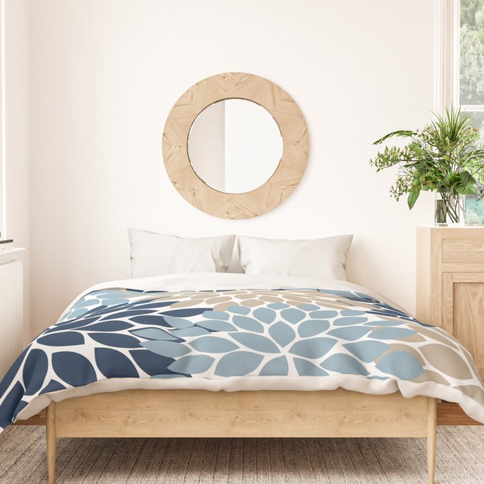 Navy Blue Tan Beige Flower Burst, Flower Petals, Floral Pattern Duvet Cover Gallery Image 3