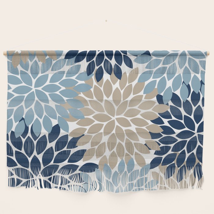 Navy Blue Tan Beige Flower Burst, Flower Petals, Floral Pattern Wall Hanging Gallery Image 1