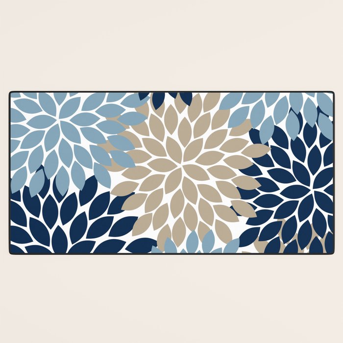 Navy Blue Tan Beige Flower Burst, Flower Petals, Floral Pattern Desk Mat Gallery Image 3