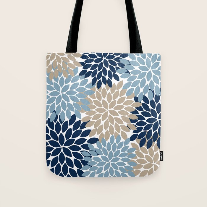 Navy Blue Tan Beige Flower Burst, Flower Petals, Floral Pattern Tote Bag Gallery Image 1