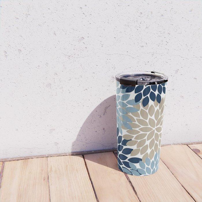 Navy Blue Tan Beige Flower Burst, Flower Petals, Floral Pattern Travel Mug Gallery Image 4