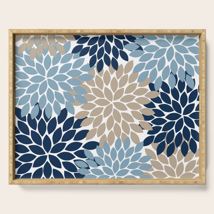 Navy Blue Tan Beige Flower Burst, Flower Petals, Floral Pattern Serving Tray Gallery Image 1