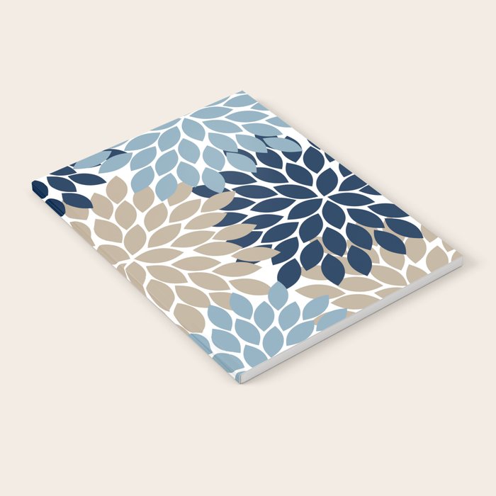 Navy Blue Tan Beige Flower Burst, Flower Petals, Floral Pattern Notebook Gallery Image 1