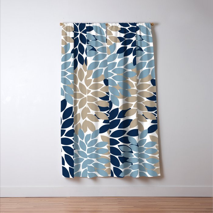 Navy Blue Tan Beige Flower Burst, Flower Petals, Floral Pattern Window Curtain Gallery Image 3