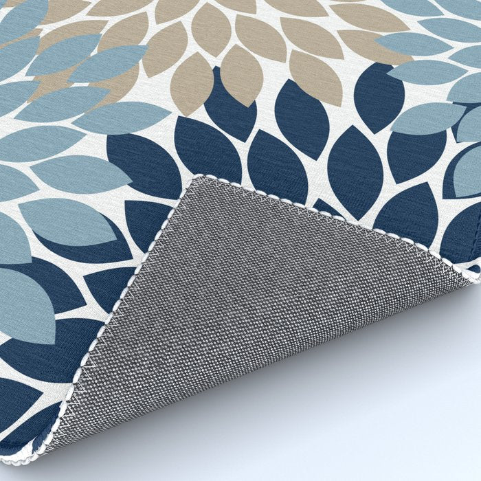 Navy Blue Tan Beige Flower Burst, Flower Petals, Floral Pattern Rug Gallery Image 4