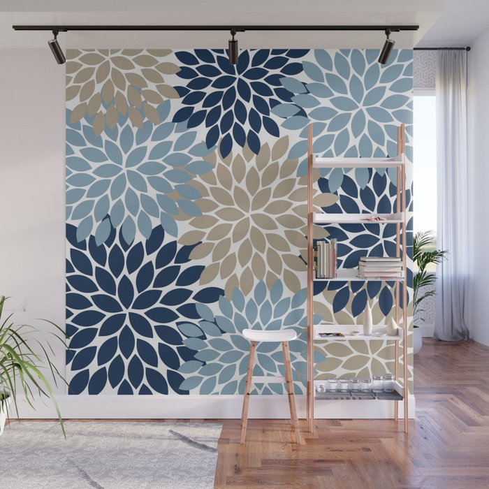 Navy Blue Tan Beige Flower Burst, Flower Petals, Floral Pattern Wall Mural Gallery Image 1