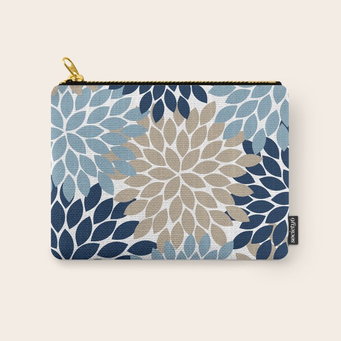 Navy Blue Tan Beige Flower Burst, Flower Petals, Floral Pattern Carry All Pouch Gallery Image 1