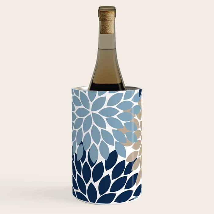 Navy Blue Tan Beige Flower Burst, Flower Petals, Floral Pattern Wine Chiller Gallery Image 2