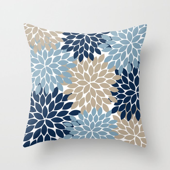 Navy Blue Tan Beige Flower Burst, Flower Petals, Floral Pattern Throw Pillow Gallery Image 6