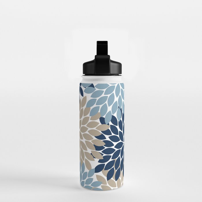 Navy Blue Tan Beige Flower Burst, Flower Petals, Floral Pattern Water Bottle Gallery Image 2
