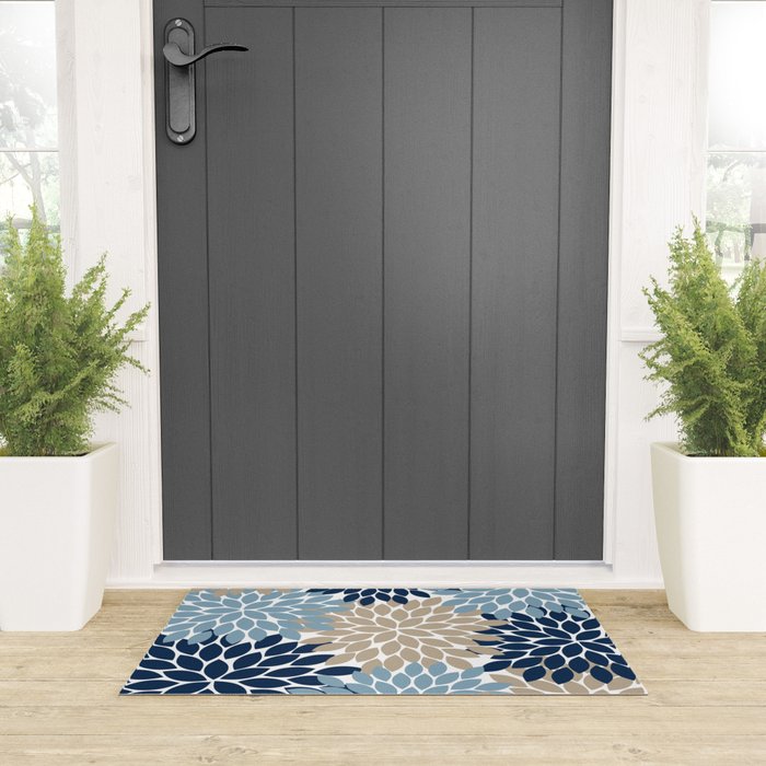 Navy Blue Tan Beige Flower Burst, Flower Petals, Floral Pattern Welcome Mat Gallery Image 3