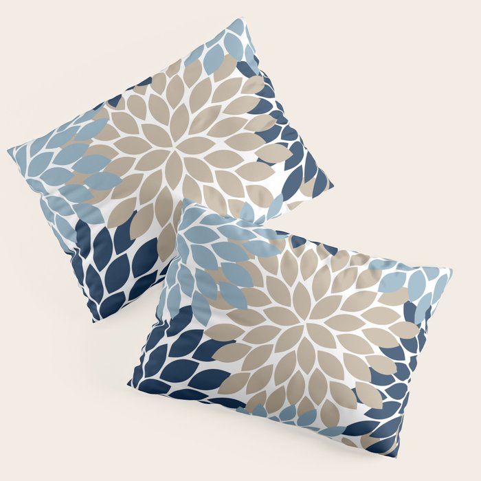 Navy Blue Tan Beige Flower Burst, Flower Petals, Floral Pattern Pillow Sham Gallery Image 3