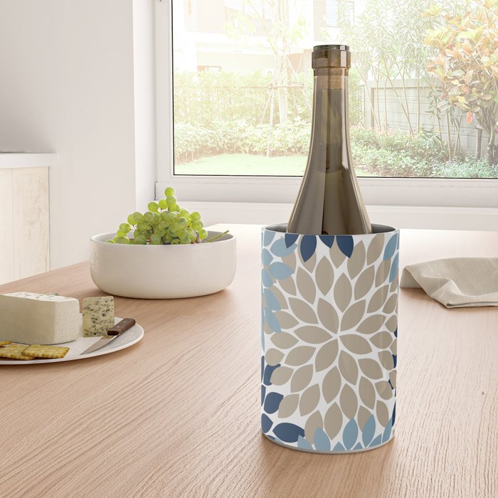 Navy Blue Tan Beige Flower Burst, Flower Petals, Floral Pattern Wine Chiller Gallery Image 4