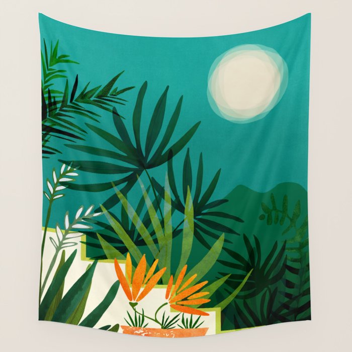 Tropical Moonlight Night Scene Wall Tapestry Gallery Image 4