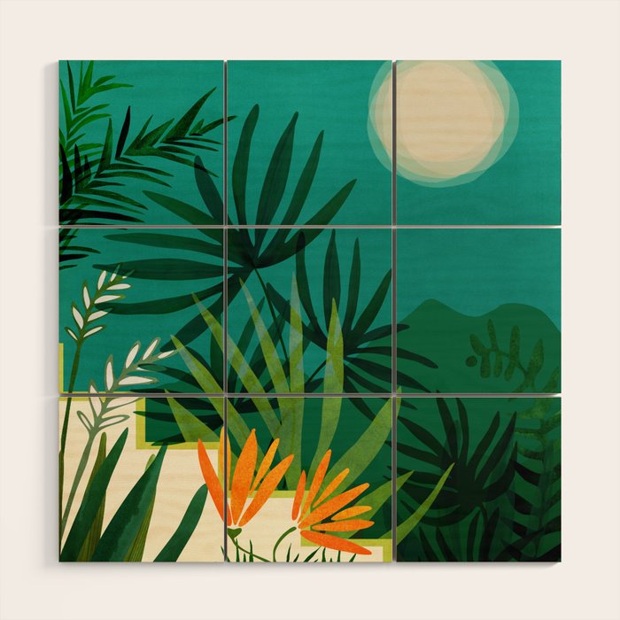 Tropical Moonlight Night Scene Wood Wall Art Gallery Image 1