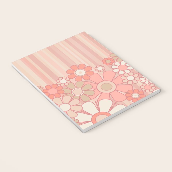 Retro Garden Flowers and Stripes Vintage Aesthetic Floral Pattern in Pastel Pink Peach Notebook Gallery Image 3