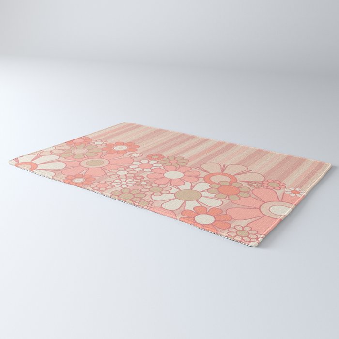 Retro Garden Flowers and Stripes Vintage Aesthetic Floral Pattern in Pastel Pink Peach Rug Gallery Image 3