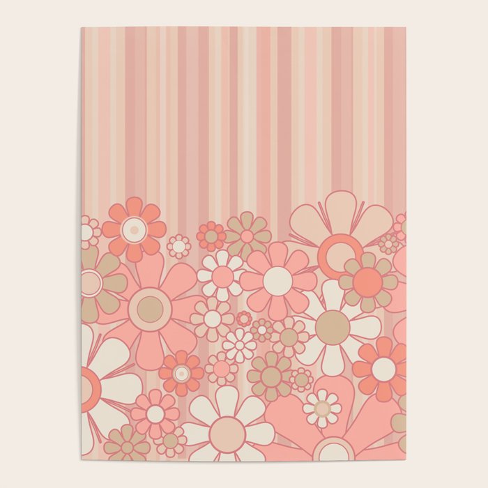 Retro Garden Flowers and Stripes Vintage Aesthetic Floral Pattern in Pastel Pink Peach Poster Gallery Image 4