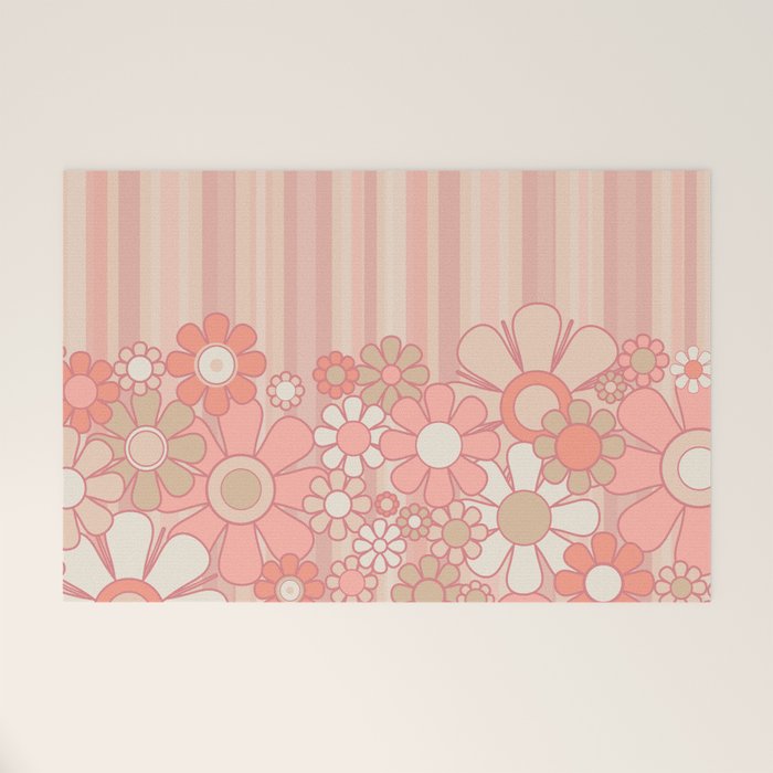 Retro Garden Flowers and Stripes Vintage Aesthetic Floral Pattern in Pastel Pink Peach Welcome Mat Gallery Image 1
