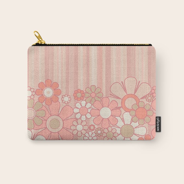 Retro Garden Flowers and Stripes Vintage Aesthetic Floral Pattern in Pastel Pink Peach Carry All Pouch Gallery Image 1