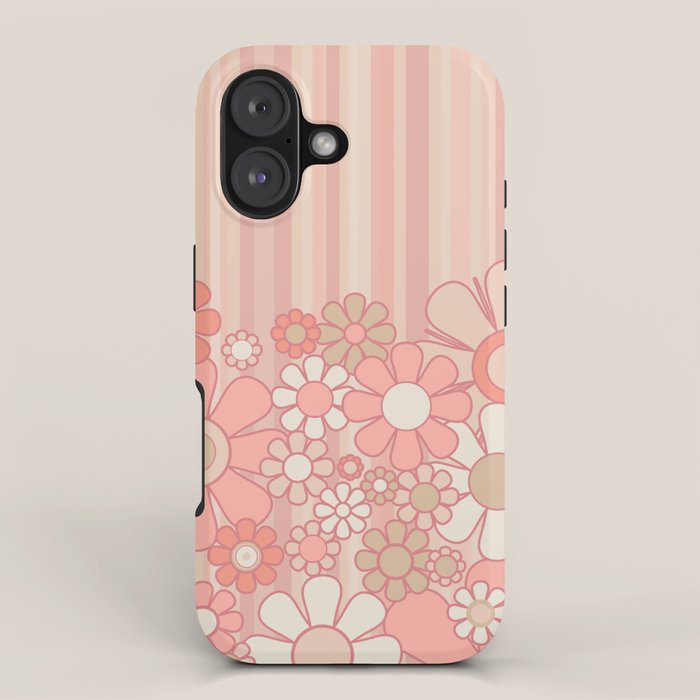 Retro Garden Flowers and Stripes Vintage Aesthetic Floral Pattern in Pastel Pink Peach iPhone Case Gallery Image 1