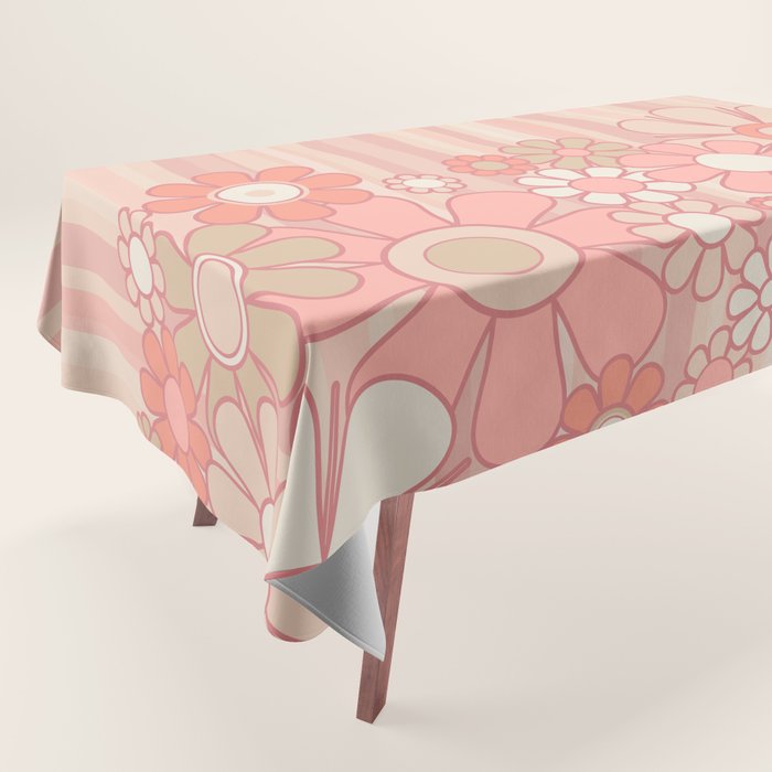 Retro Garden Flowers and Stripes Vintage Aesthetic Floral Pattern in Pastel Pink Peach Tablecloth Gallery Image 1