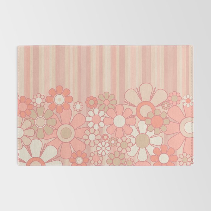 Retro Garden Flowers and Stripes Vintage Aesthetic Floral Pattern in Pastel Pink Peach Rug Gallery Image 2